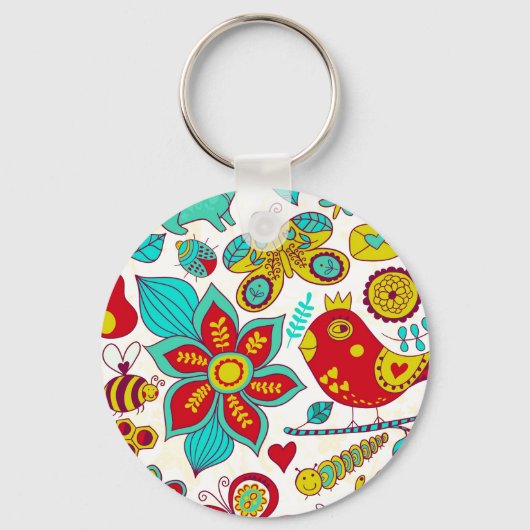 カラフルレトロ鳥花パターン キーホルダー (正面)