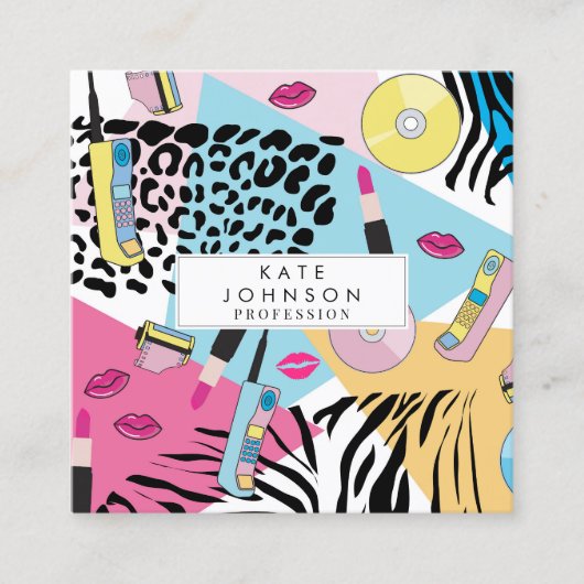 カラフルレトロ1990年代90年代QRコードソーシャルメディア スクエア名刺 (正面)