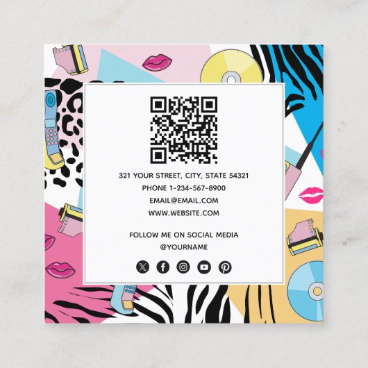 カラフルレトロ1990年代90年代QRコードソーシャルメディア スクエア名刺 (裏面)