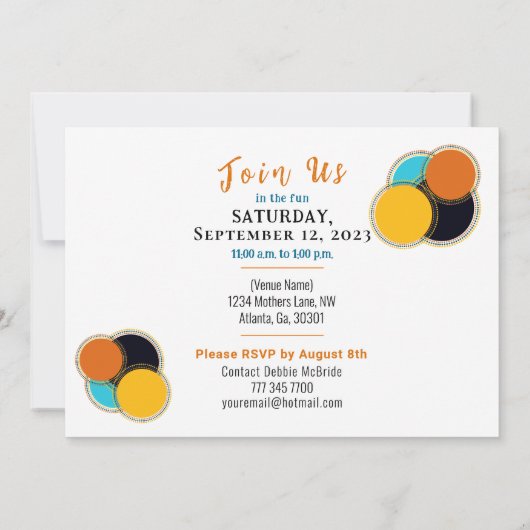 カラフルレトロ70の抽象芸術サプライズ誕生日 招待状 (裏面)