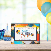 カラフルレトロ70の抽象芸術サプライズ誕生日 招待状