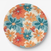 カラフルレトロGroovyフローラヒッパイパターン ペーパープレート (正面)