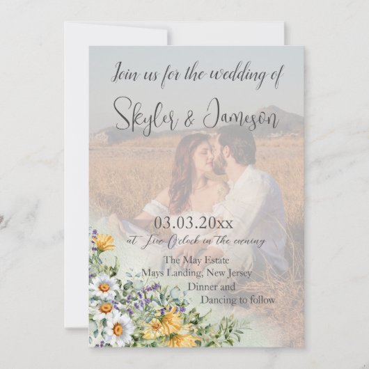 カラフルワイルドフラワー写真QRコー結婚ド 招待状 (正面)