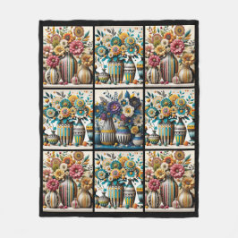 カラフルヴィンテージインスパイアフローラキルトパターン フリースブランケット