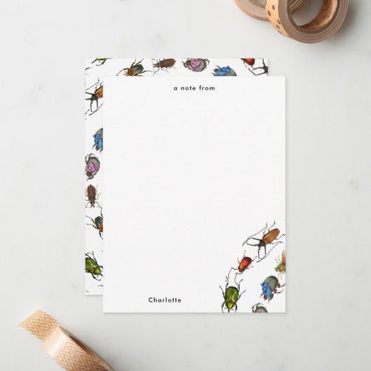 カラフルヴィンテージバグとカブトムシのパターン ノートカード (正面/裏面インサイチュ)