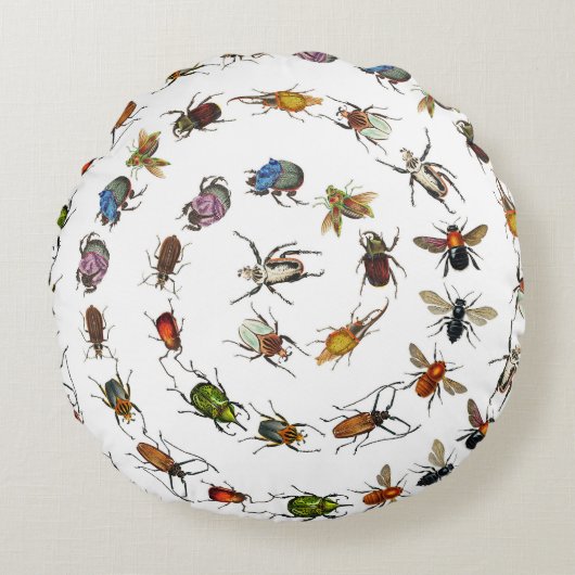 カラフルヴィンテージバグとカブトムシのパターン ラウンドクッション (正面)