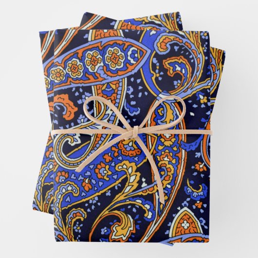 カラフルヴィンテージブルーとオレンジのペイズリーパターンC ラッピングペーパーシート (インサイチュ)