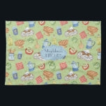 カラフルヴィンテージ水彩シェフ料理グリーン キッチンタオル<br><div class="desc">明るくカラフルの「お腹」のパターンは、水色の色彩の鮮やかヴィンテージキッチンアイテムと食品と金ゴールドのグリッター要素で作られ、ギフトのためのカスタマイズ可能な文字パーソナライズされた。</div>