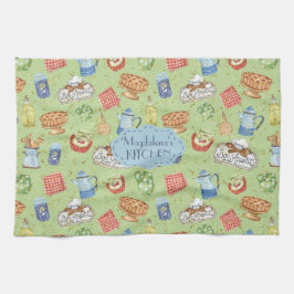 カラフルヴィンテージ水彩シェフ料理グリーン キッチンタオル