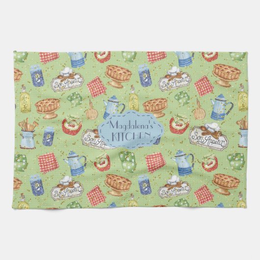 カラフルヴィンテージ水彩シェフ料理グリーン キッチンタオル (横)