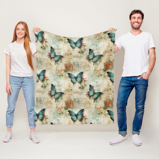 カラフルヴィンテージ蝶と花(12) フリースブランケット (インサイチュ)