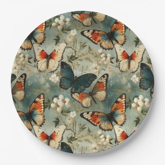 カラフルヴィンテージ蝶と花(5) ペーパープレート (正面)
