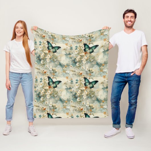 カラフルヴィンテージ蝶と花(6) フリースブランケット (インサイチュ)