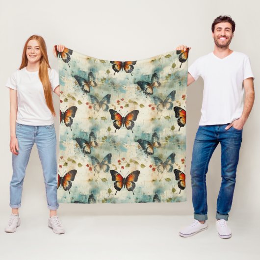 カラフルヴィンテージ蝶と花(7) フリースブランケット (インサイチュ)