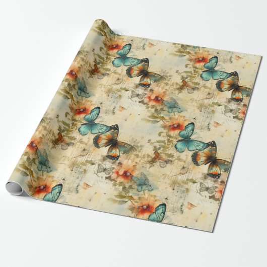 カラフルヴィンテージ蝶と花(8) ラッピングペーパー (アンロールド)