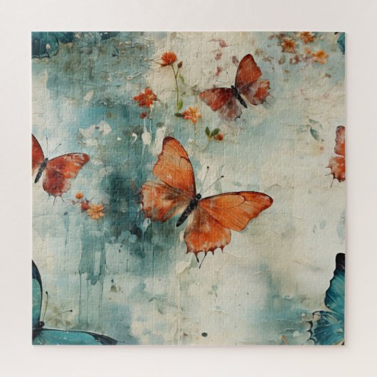 カラフルヴィンテージ蝶と花(9) ジグソーパズル (縦)