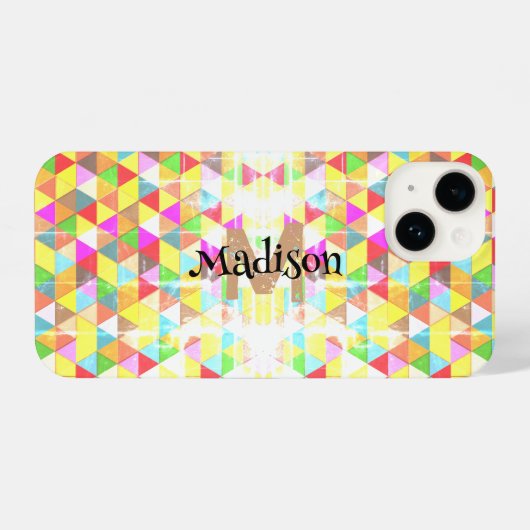 カラフル三角形レトロ幾何学パターンMonogram iPhoneケース (裏面横)