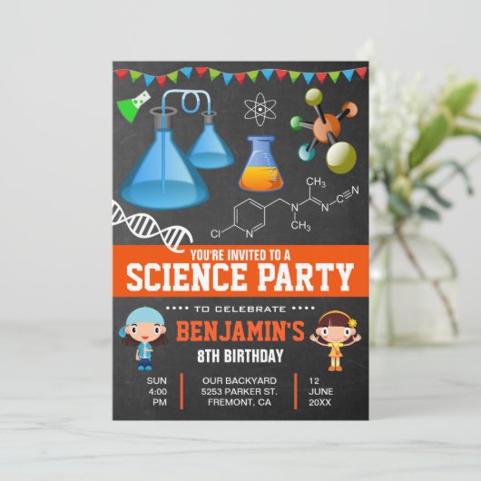 カラフル不機嫌科学子供の誕生日パーティー 招待状 (スタンド正面)