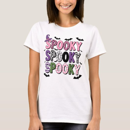 カラフル不気味ハロウィーンかわいい魔女ハット&こうもり Tシャツ (正面)
