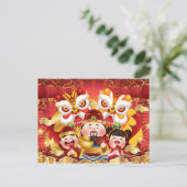 カラフル中国の新年ドラゴンと人 ポストカード (スタンド正面)
