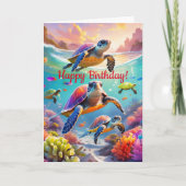 カラフル亀、5" x 7"折り畳み誕生日 カード (正面)