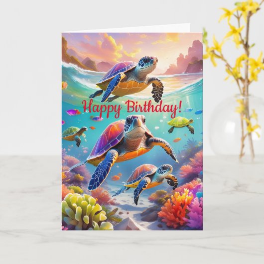 カラフル亀、5" x 7"折り畳み誕生日 カード (黄色い花)