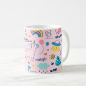 カラフル動物や言葉のパターン コーヒーマグカップ (正面右)
