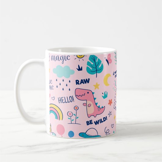 カラフル動物や言葉のパターン コーヒーマグカップ (左)