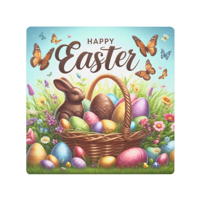 カラフル卵の入ったハッピーイースター メタルプリント (正面)