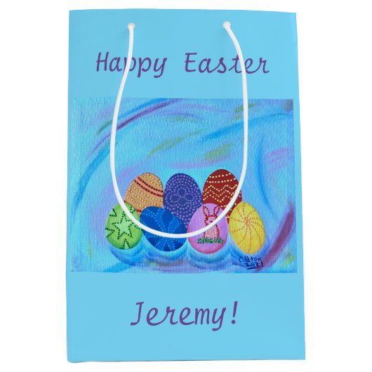 カラフル卵、ハッピーイースター、パーソナライズされた抱き枕 ミディアムペーパーバッグ (正面)