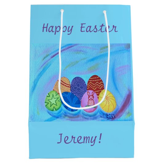 カラフル卵、ハッピーイースター、パーソナライズされた抱き枕 ミディアムペーパーバッグ (裏面)