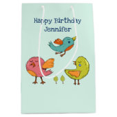カラフル可愛いお洒落鳥トリオ誕生日 ミディアムペーパーバッグ (正面)