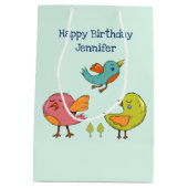 カラフル可愛いお洒落鳥トリオ誕生日 ミディアムペーパーバッグ (裏面)