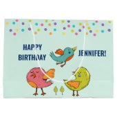 カラフル可愛いお洒落鳥トリオ誕生日 ラージペーパーバッグ (裏面)
