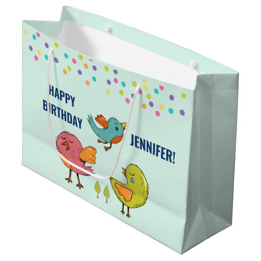 カラフル可愛いお洒落鳥トリオ誕生日 ラージペーパーバッグ (正面アングル)