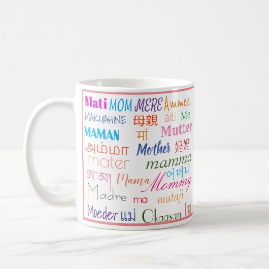 カラフル可愛い言葉を違う持つ母 コーヒーマグカップ (左)