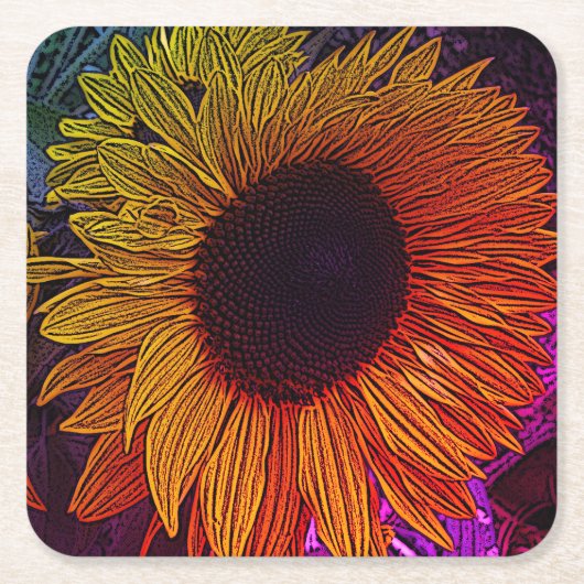 カラフル同時代大型イエローヒマワリ スクエアペーパーコースター (正面)
