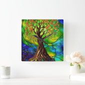 カラフル命の木ステンドグラスII スクエア壁時計 (ホーム)