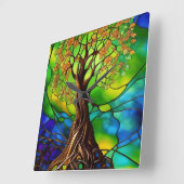 カラフル命の木ステンドグラスII スクエア壁時計 (傾斜)