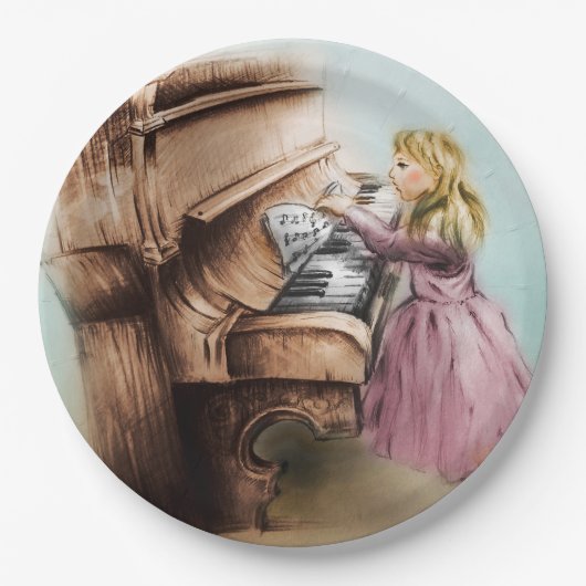 カラフル図解入りの、写真付きの紙プレート – ピアノガール ペーパープレート (正面)