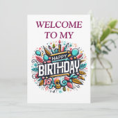 カラフル図解入りの、写真付きの誕生日ユニークフェスティバル 招待状 (スタンド正面)