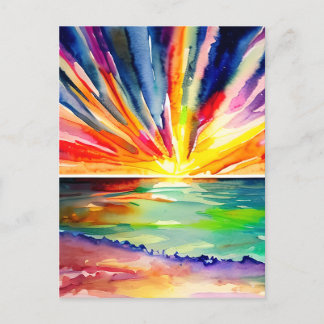 カラフル夕日の海水彩画 ポストカード