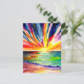 カラフル夕日の海水彩画 ポストカード (スタンド正面)