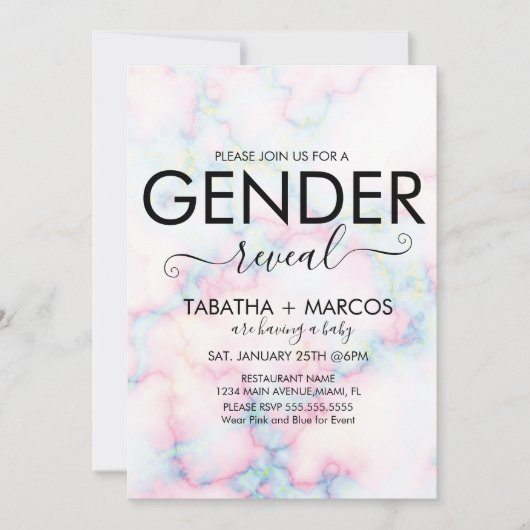 カラフル大理石パターンスクリプト性別の表示 招待状 (正面)