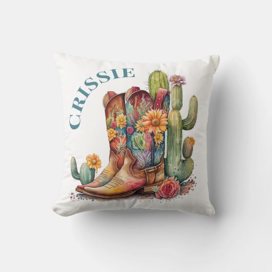 カラフル女性のカーボーイブーツとサボテンパーソナライズされた クッション (正面)