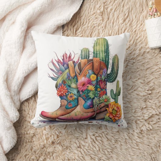 カラフル女性のカーボーイブーツとサボテン クッション (ブランケット)