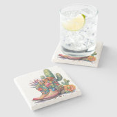 カラフル女性のカーボーイブーツとサボテン ストーンコースター (横)