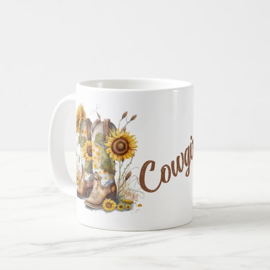 カラフル女性のカーボーイブーツとヒマワリ コーヒーマグカップ (正面左)