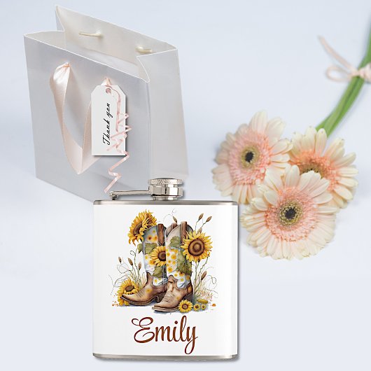 カラフル女性のカーボーイブーツとヒマワリ フラスク