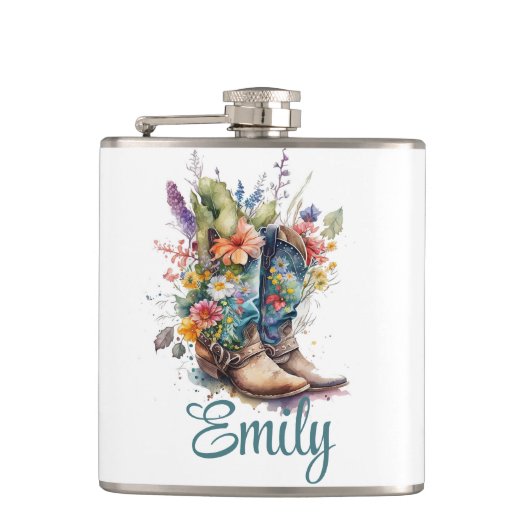 カラフル女性のカーボーイブーツと花 フラスク (正面)